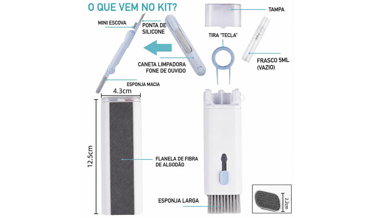 Kit Limpeza 8 em 1 – Escova Multifuncional para Teclado, Fone e Celular