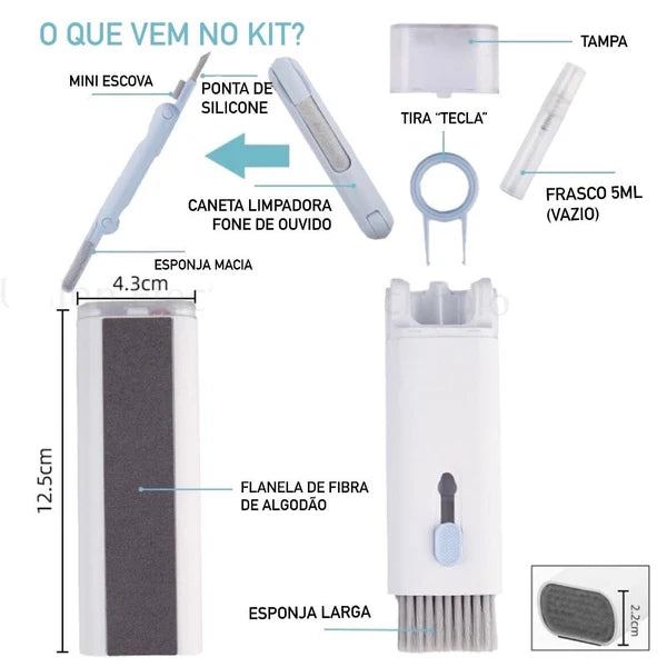 Kit Limpeza 8 em 1 – Escova Multifuncional para Teclado, Fone e Celular